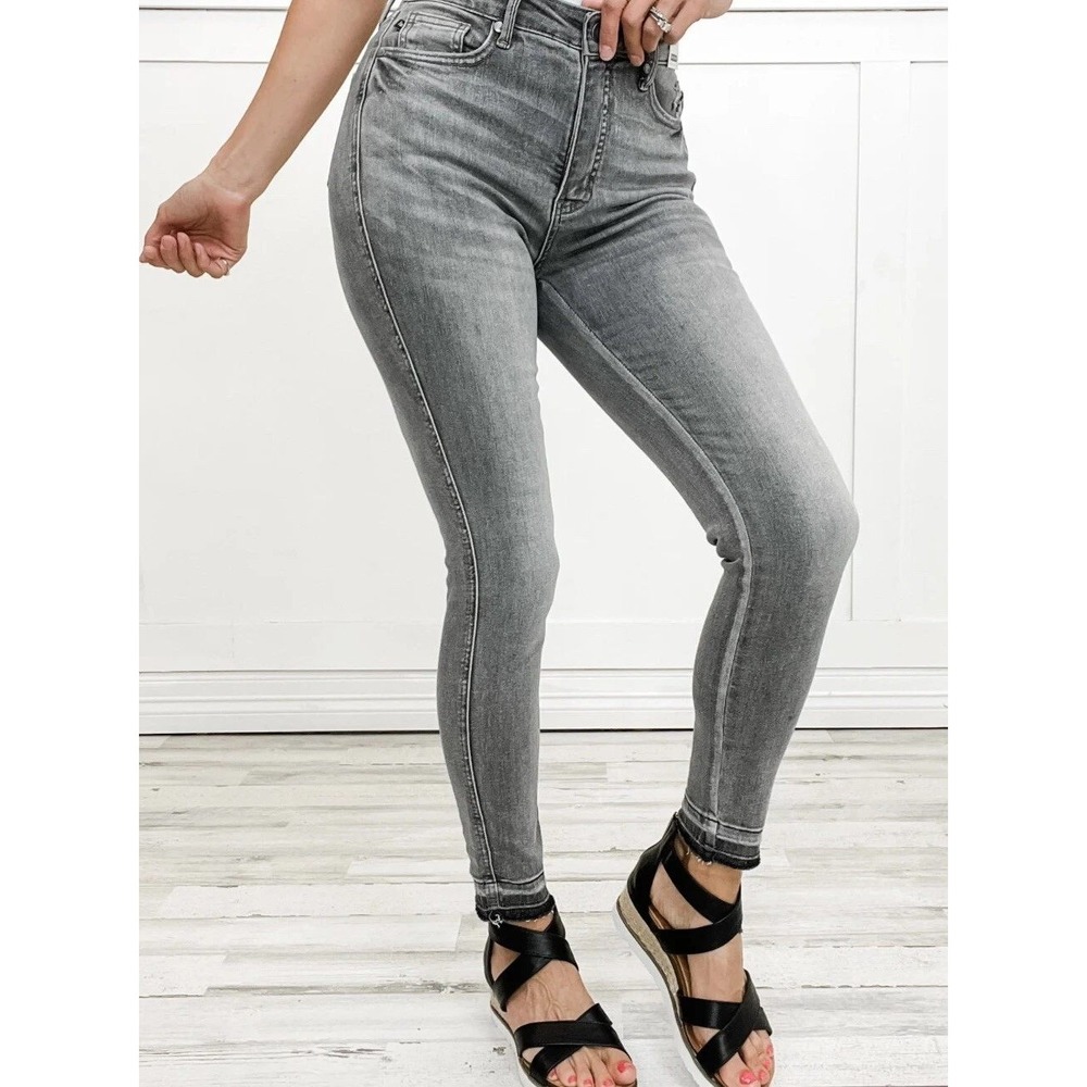 Judy Blue 11/30 Skinny Jeans Faded Black Distressed Raw Hem JB88165 Casual Edgy